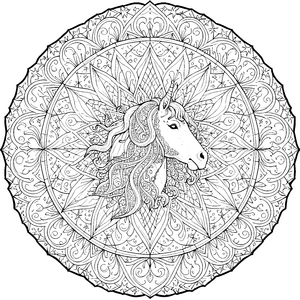 Majestätisches Einhorn-Mandala mit Blättern Malbild für mutige Weltenbummler