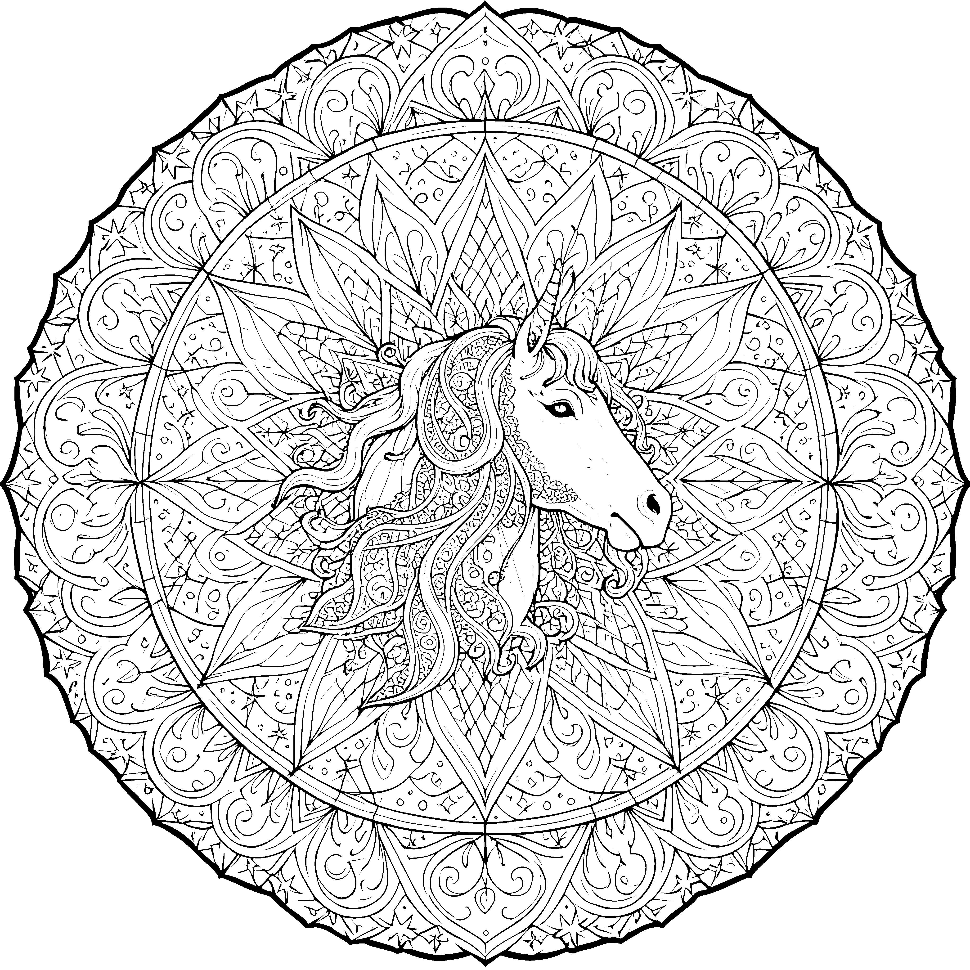 Majestätisches Einhorn-Mandala mit Blättern Malbild für mutige Weltenbummler