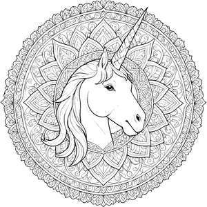 Sanftes Einhorn-Mandala mit Mähne Ausmalvorlage für kleine Träumer