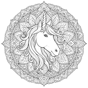 Sanftes Einhorn-Mandala mit Blättern Malbild für kreative Naturfreunde