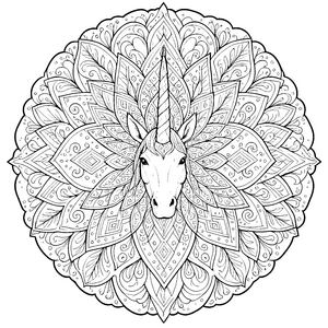 Stolzes Einhorn-Mandala mit Blättern Ausmalbild für kleine Spürnasen
