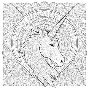 Mystisches Einhorn-Mandala mit Mähne Ausmalvorlage für kleine Träumer