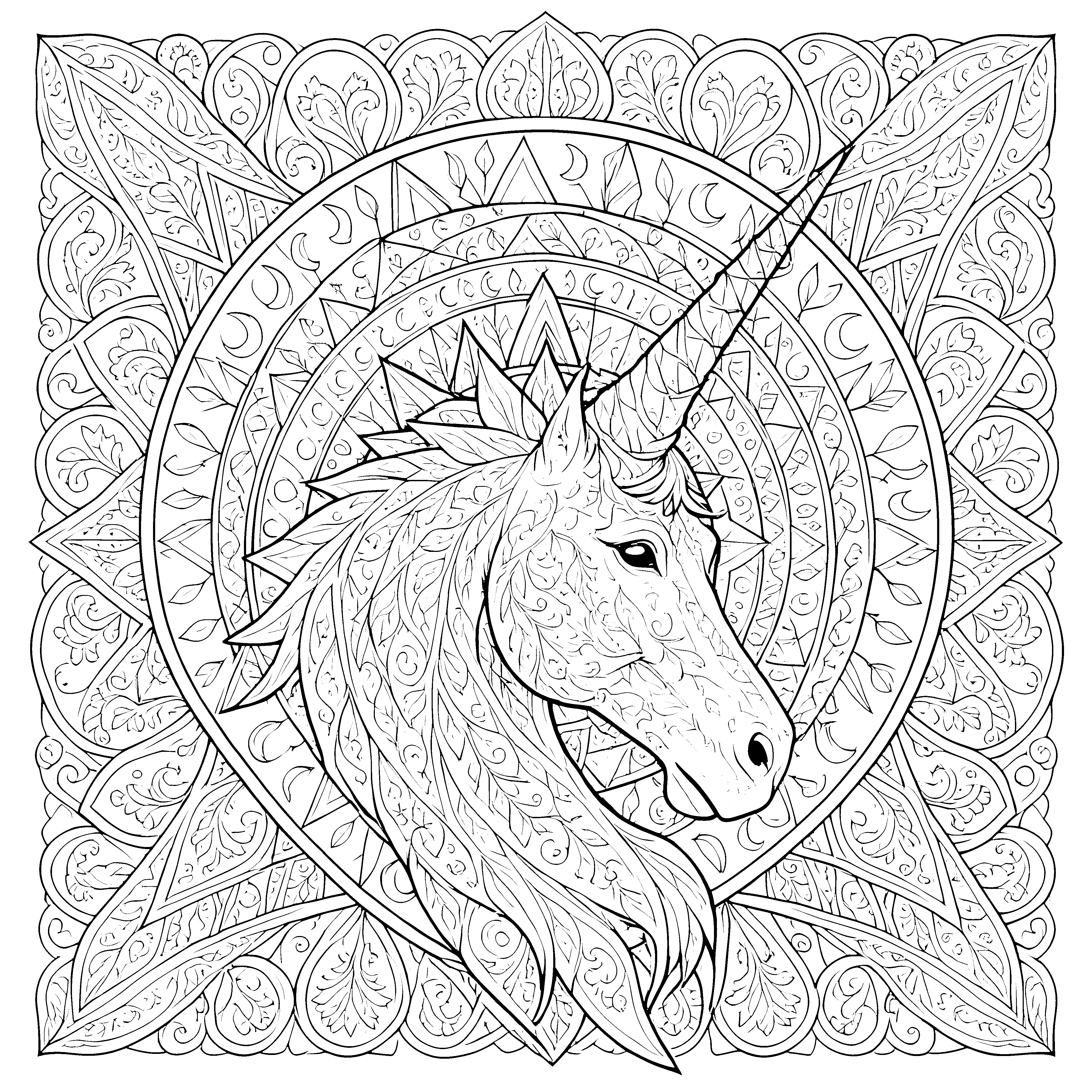 Mystisches Einhorn-Mandala mit Mähne Ausmalvorlage für kleine Träumer