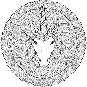 Stolzes Einhorn-Mandala mit Blätterkranz Ausmalbild für junge Bastler