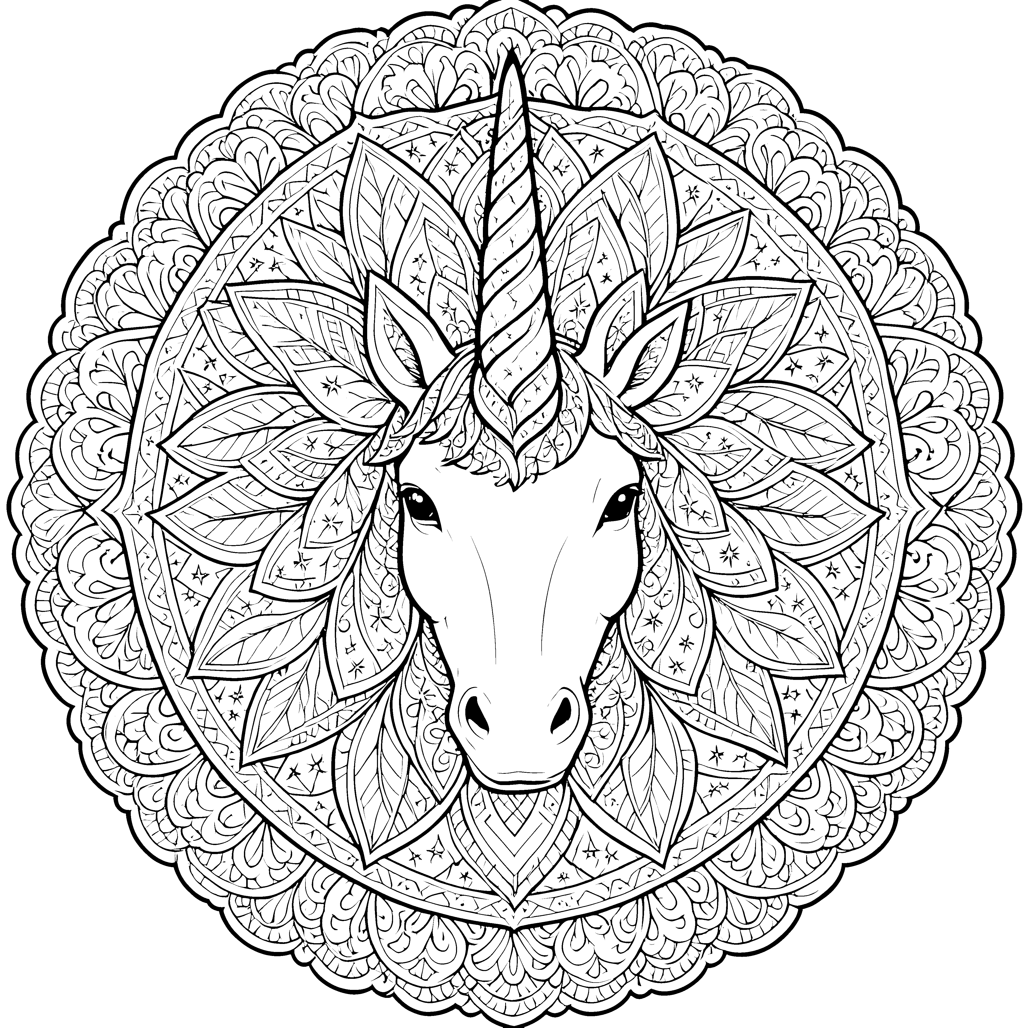 Stolzes Einhorn-Mandala mit Blätterkranz Ausmalbild für junge Bastler