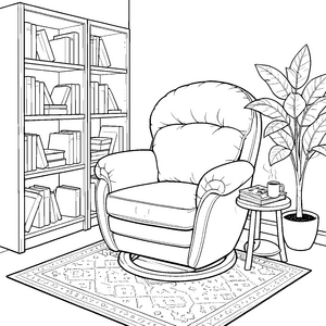 Gemütlicher Schwingsessel mit Bücherregal Ausmalvorlage für kreative Bücherwürmer