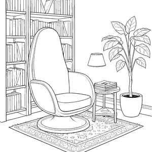 Gemütlicher Schwingsessel mit Bücherregal und Pflanze Malvorlage für malfreudige Spürnasen