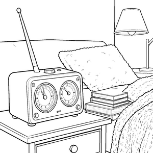 Rustikaler Radiowecker auf Nachttisch Ausmalvorlage für mutige Bastler
