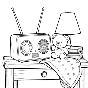 Gemütlicher Radiowecker mit Teddybär und Lampe Malbild für neugierige Spürnasen