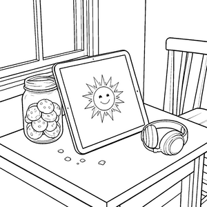 Verspieltes Tablet mit Keksen und Kopfhörern Ausmalbild für fröhliche Weltenbummler