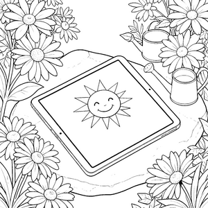 Sonniges Tablet mit Gießkanne Ausmalvorlage für malfreudige Naturfreunde