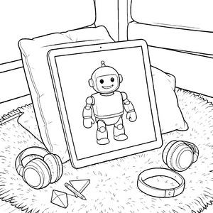 Moderner Roboter auf Tablet Ausmalbild für fröhliche Technikfans