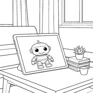Sympathischer Roboter auf Tablet Ausmalbild für kleine Tüftler