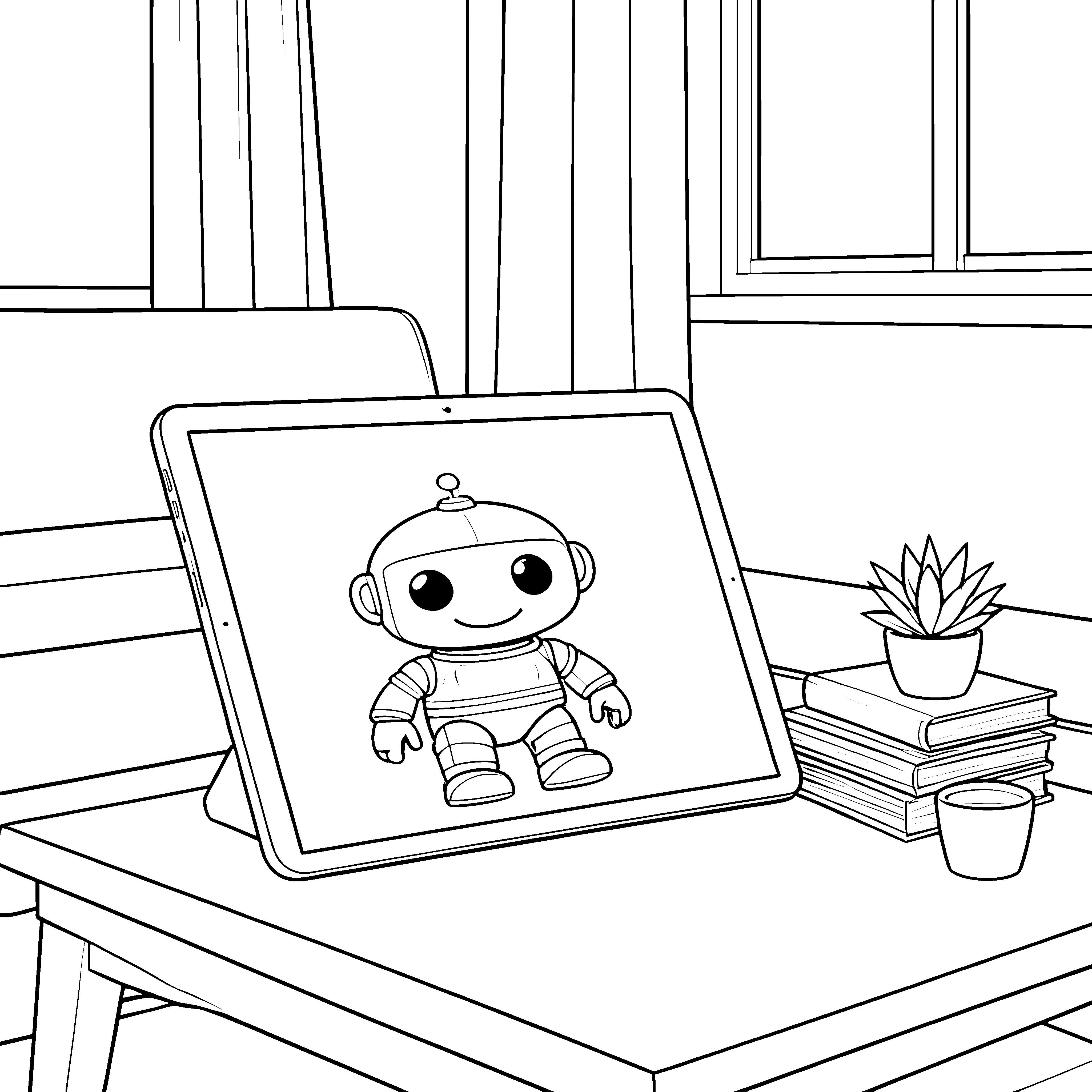 Sympathischer Roboter auf Tablet Ausmalbild für kleine Tüftler