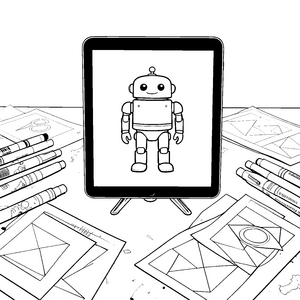 Lächelnder Roboter auf Tablet Malbild für kleine Bastler