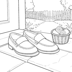 Stilvolle Slipper Schuhe neben Korb Malvorlage für mutige Weltenbummler
