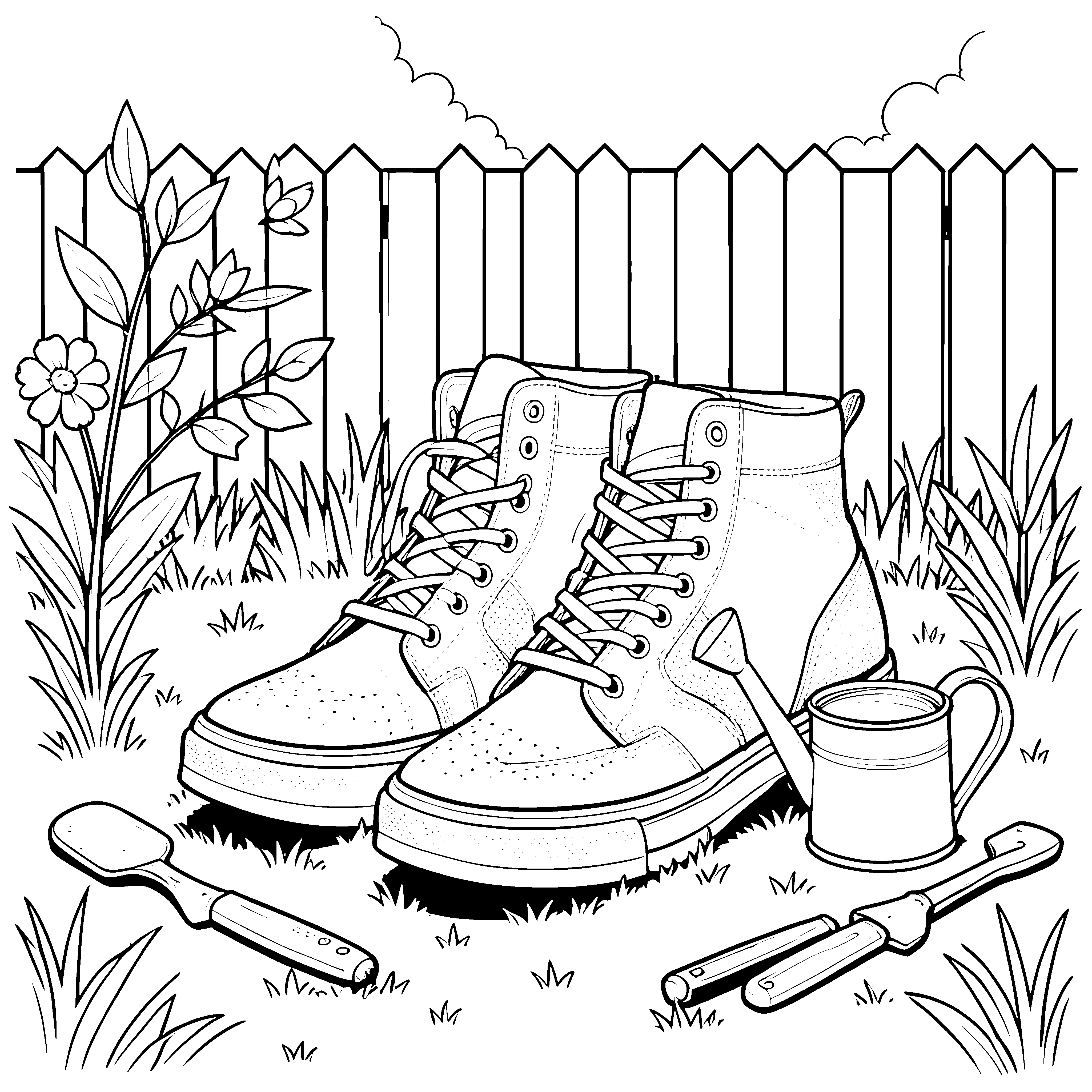 Robuste Wanderschuhe mit Gießkanne Malvorlage für kleine Naturfreunde