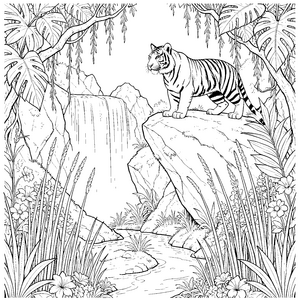 Stolzer Tiger am Wasserfall Ausmalvorlage für junge Naturfreunde
