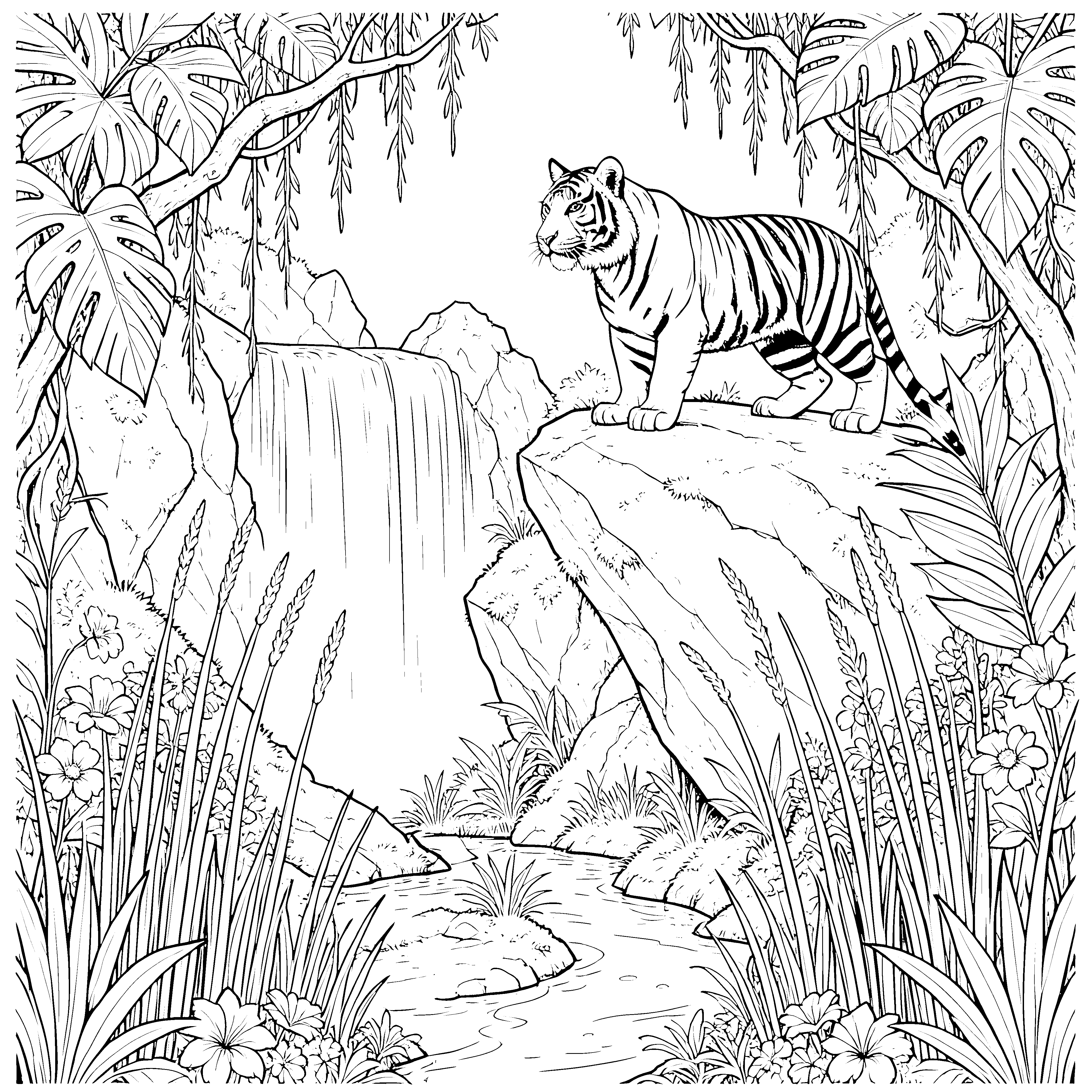 Stolzer Tiger am Wasserfall Ausmalvorlage für junge Naturfreunde