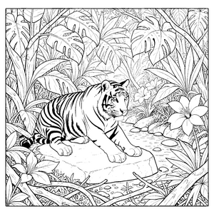 Wachsamer Tiger auf dem Stein Malvorlage für kleine Spürnasen