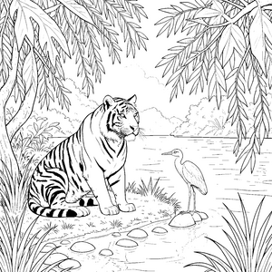 Ruhiger Tiger am Flussufer Malbild für neugierige Weltenbummler
