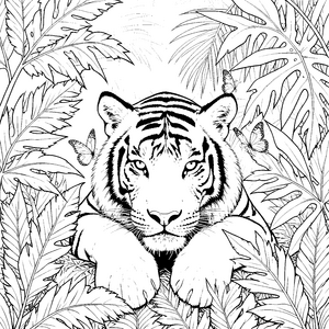 Majestätischer Tiger im Dschungelblatt-Malbild für neugierige Abenteurer