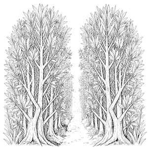 Symmetrische Sträucher an einem Waldweg Ausmalbild für verträumte Waldläufer