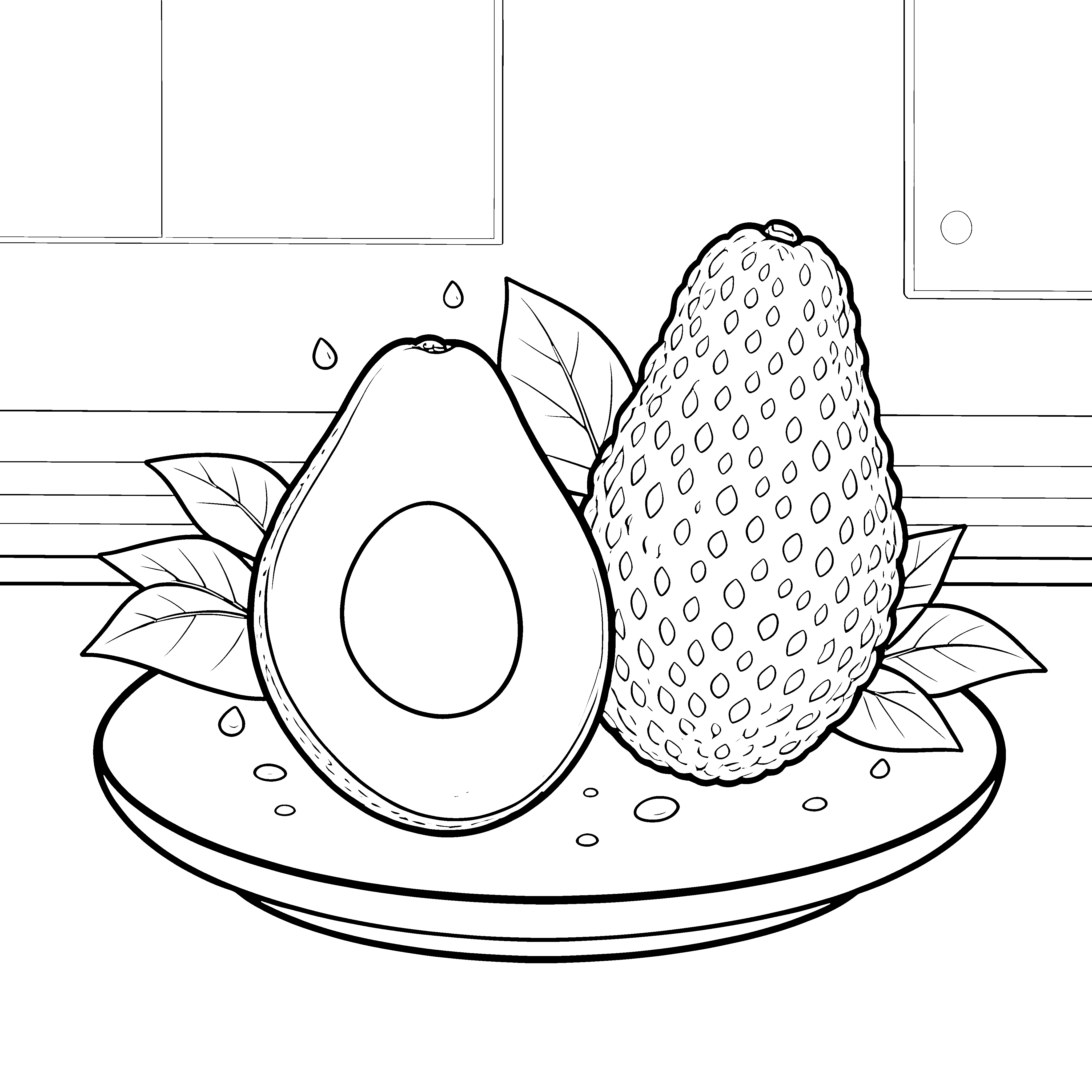 Frische Avocados auf dem Teller Ausmalvorlage für mutige Naturfreunde