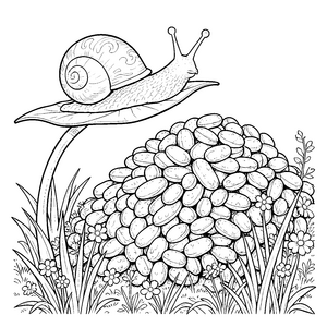 Sanfte Schnecke über Zuckererbsenhaufen Ausmalvorlage für mutige Naturfreunde