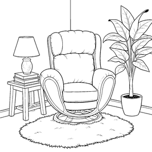 Gemütlicher Schwingsessel mit Lampe und Pflanze Malbild für kreative Wohnraumfans