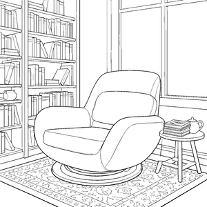 Gemütlicher Schwingsessel mit Bücherregal Malvorlage für kleine Bücherwürmer