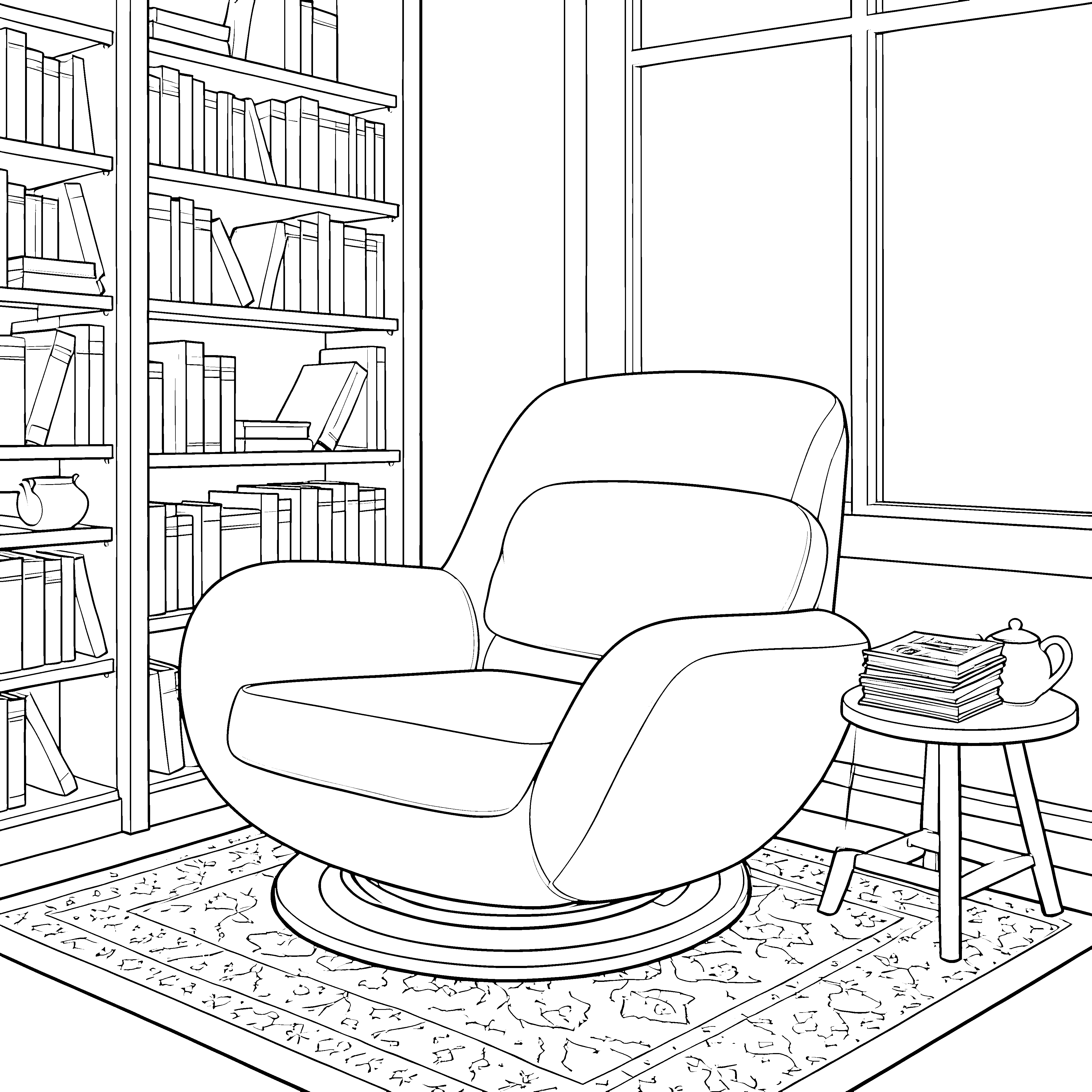 Gemütlicher Schwingsessel mit Bücherregal Malvorlage für kleine Bücherwürmer