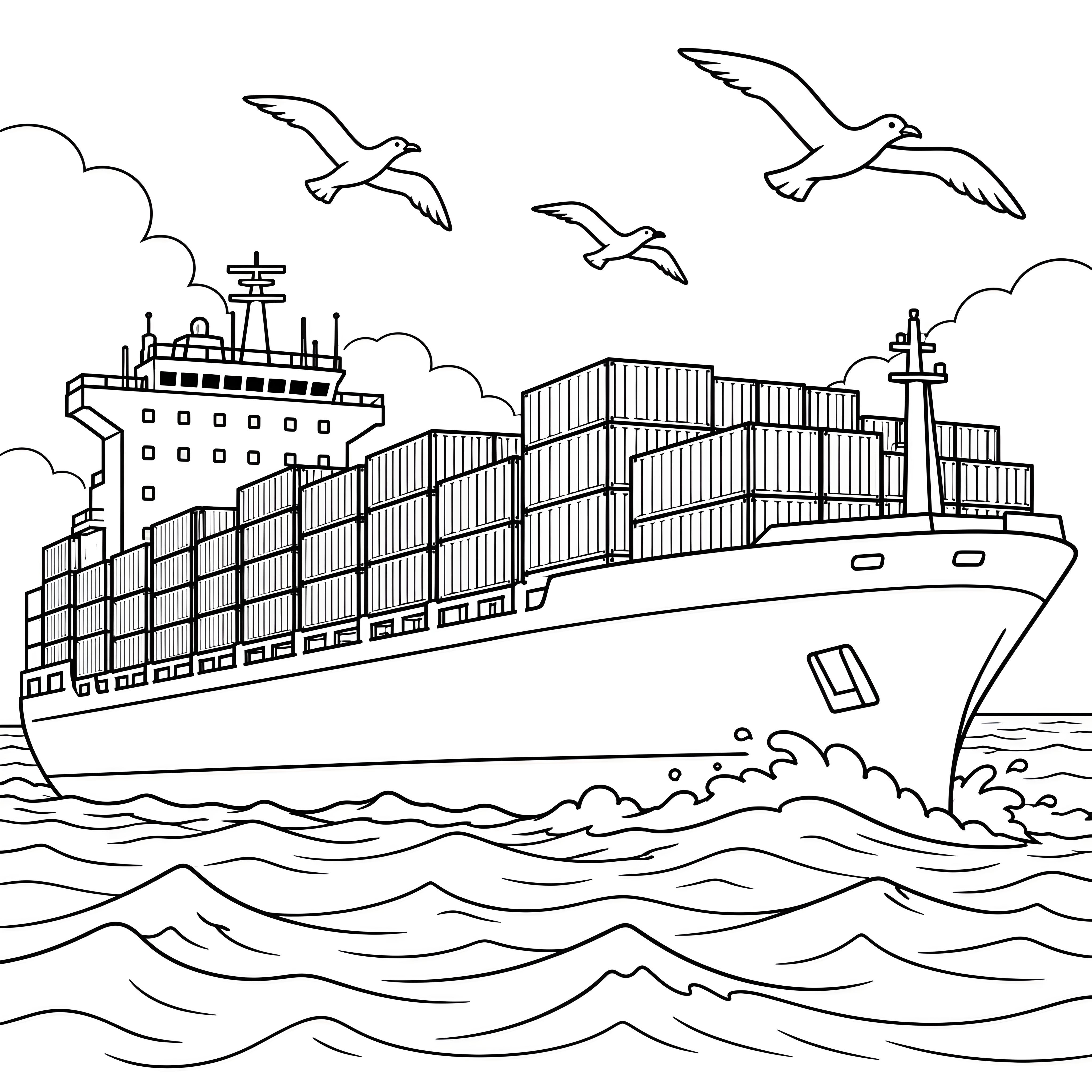 Mächtiges Containerschiff mit Möwen Ausmalvorlage für verträumte Weltenbummler