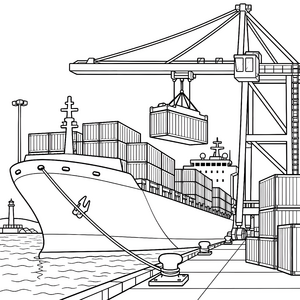 Beeindruckendes Containerschiff mit Hafenkran-Ausmalvorlage für fröhliche Tüftler Ausmalbild