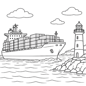 Stolzes Containerschiff neben Leuchtturm Ausmalbild für mutige Spürnasen