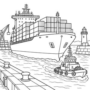 Riesiges Containerschiff mit Schlepper Malvorlage für mutige Hobbykapitäne