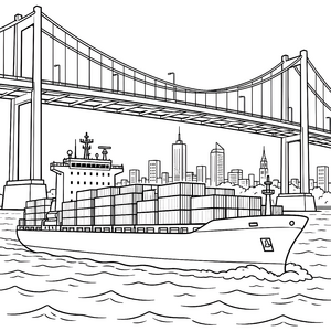 Imposantes Containerschiff unter der Brücke Ausmalbild für kleine Weltenbummler