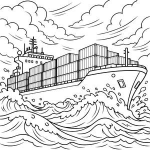 Mächtiges Containerschiff auf hohen Wellen Ausmalbild für kleine Seefahrer