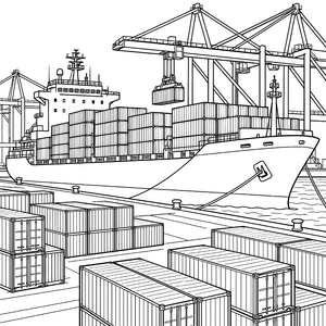 Gigantisches Containerschiff am Containerterminal Ausmalvorlage für neugierige Weltenbummler