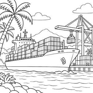 Riesiges Containerschiff im tropischen Hafen Ausmalvorlage für verträumte Landratten