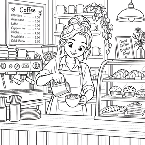 Fröhlicher Barista mit Kaffeetasse Ausmalbild für neugierige Spürnasen