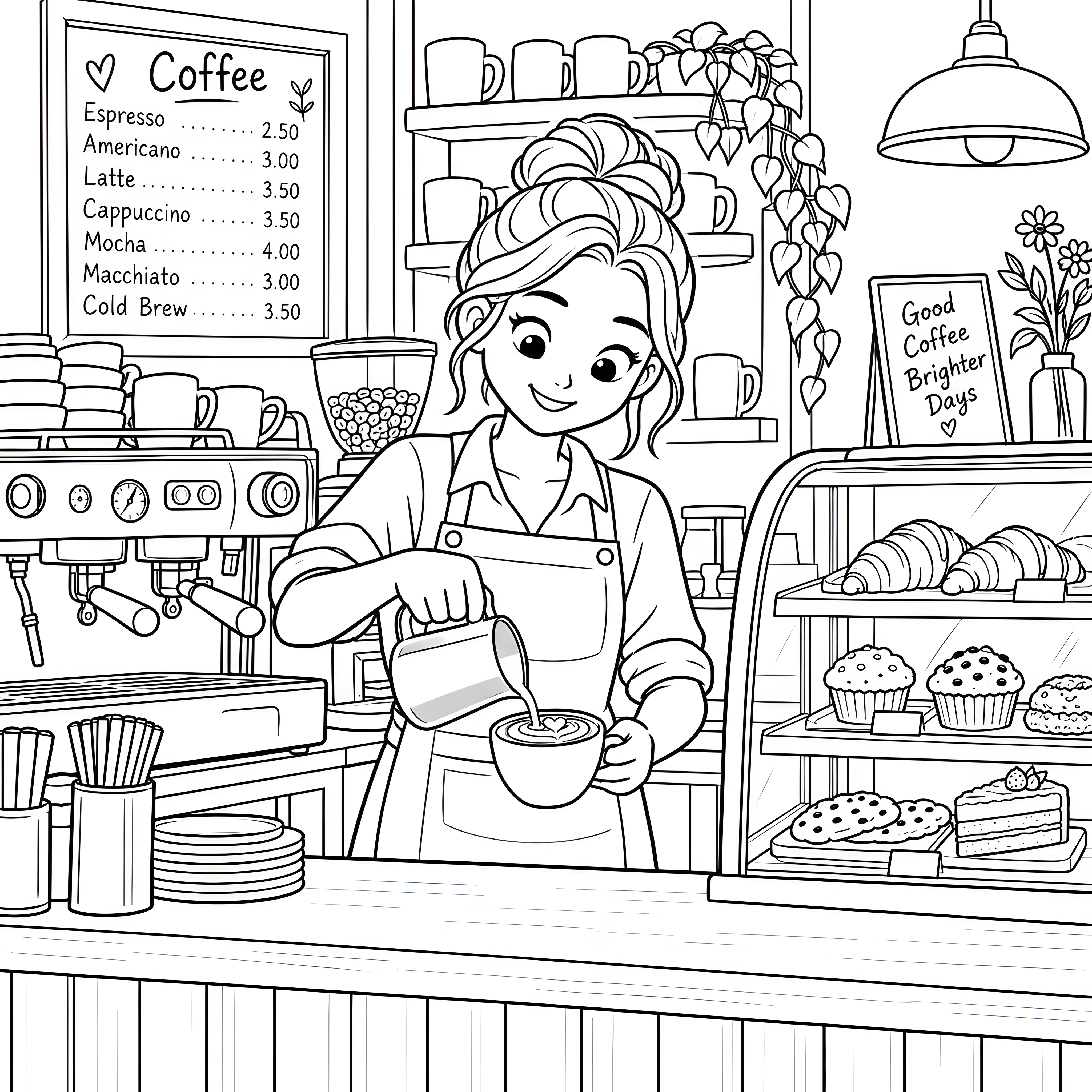 Fröhlicher Barista mit Kaffeetasse Ausmalbild für neugierige Spürnasen