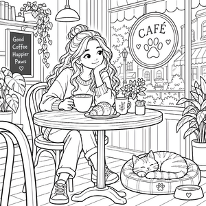 Gemütliches Café mit schlafender Katze Malvorlage für Kaffeeliebhaber