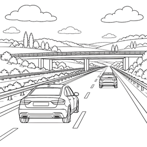 Weite Autobahn mit Brücke Ausmalvorlage für neugierige Weltenbummler