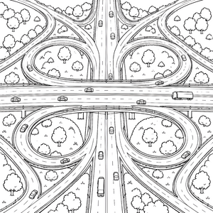 Belebte Autobahnkreuzung mit LKWs Ausmalbild für malfreudige Autofans
