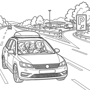 Fröhliche Familie im Urlaubauto Malbild für neugierige Spürnasen