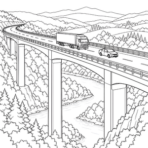 Panorama Autobahnbrücke mit LKW Ausmalvorlage für fröhliche Weltenbummler