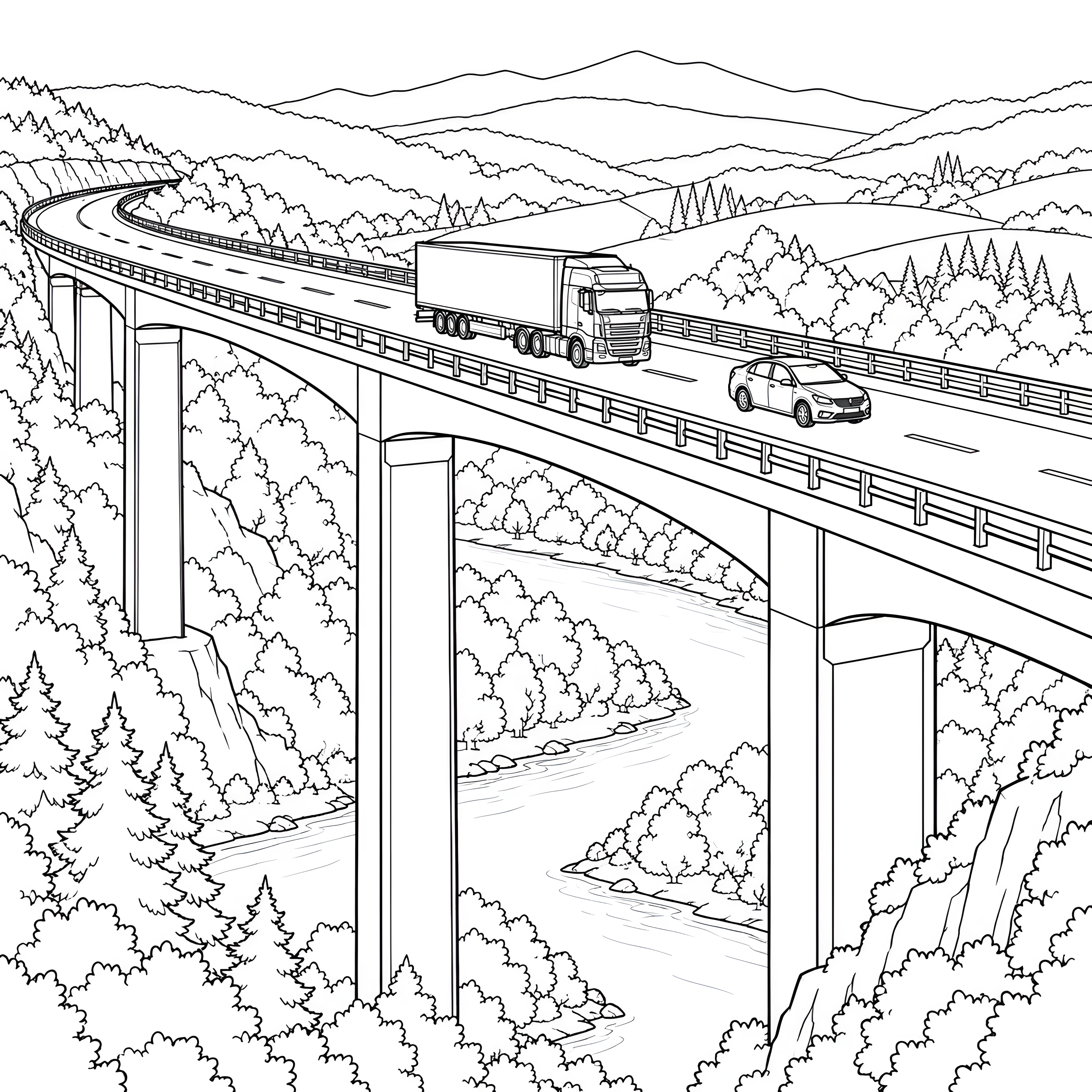 Panorama Autobahnbrücke mit LKW Ausmalvorlage für fröhliche Weltenbummler