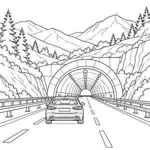 Abenteuerlicher Tunnel mit Bergstraße Malvorlage für kreative Reisefreunde