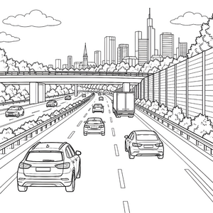 Dynamische Autobahn mit Stadtpanorama Malvorlage für malfreudige Weltenbummler